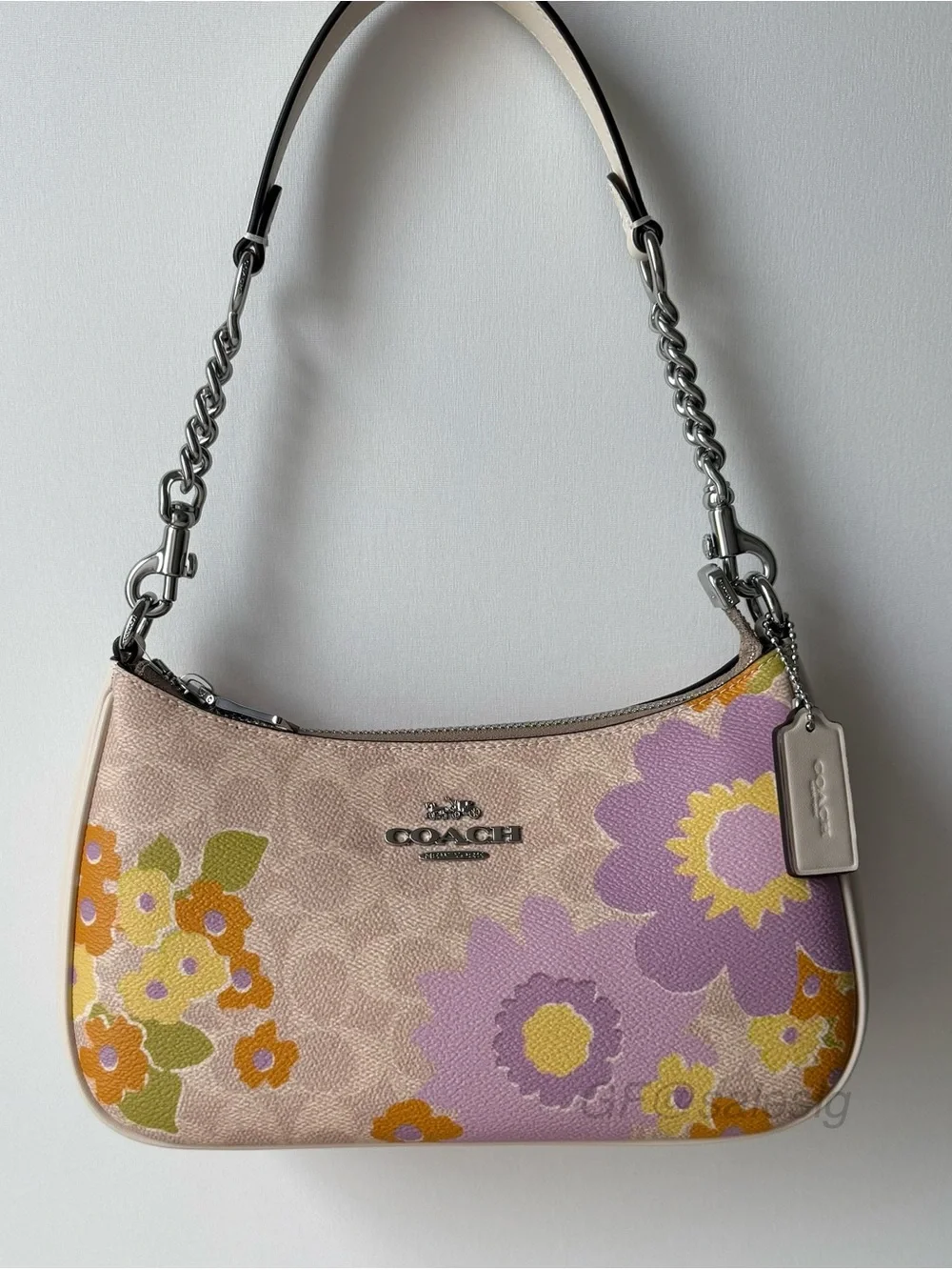 Coach Teri Shoulder Bag In Signature Floral Silver/Sand/Purple CBG73 NWT